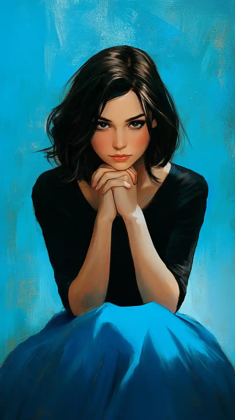 Elegant digital portrait of a young woman in blue skirt