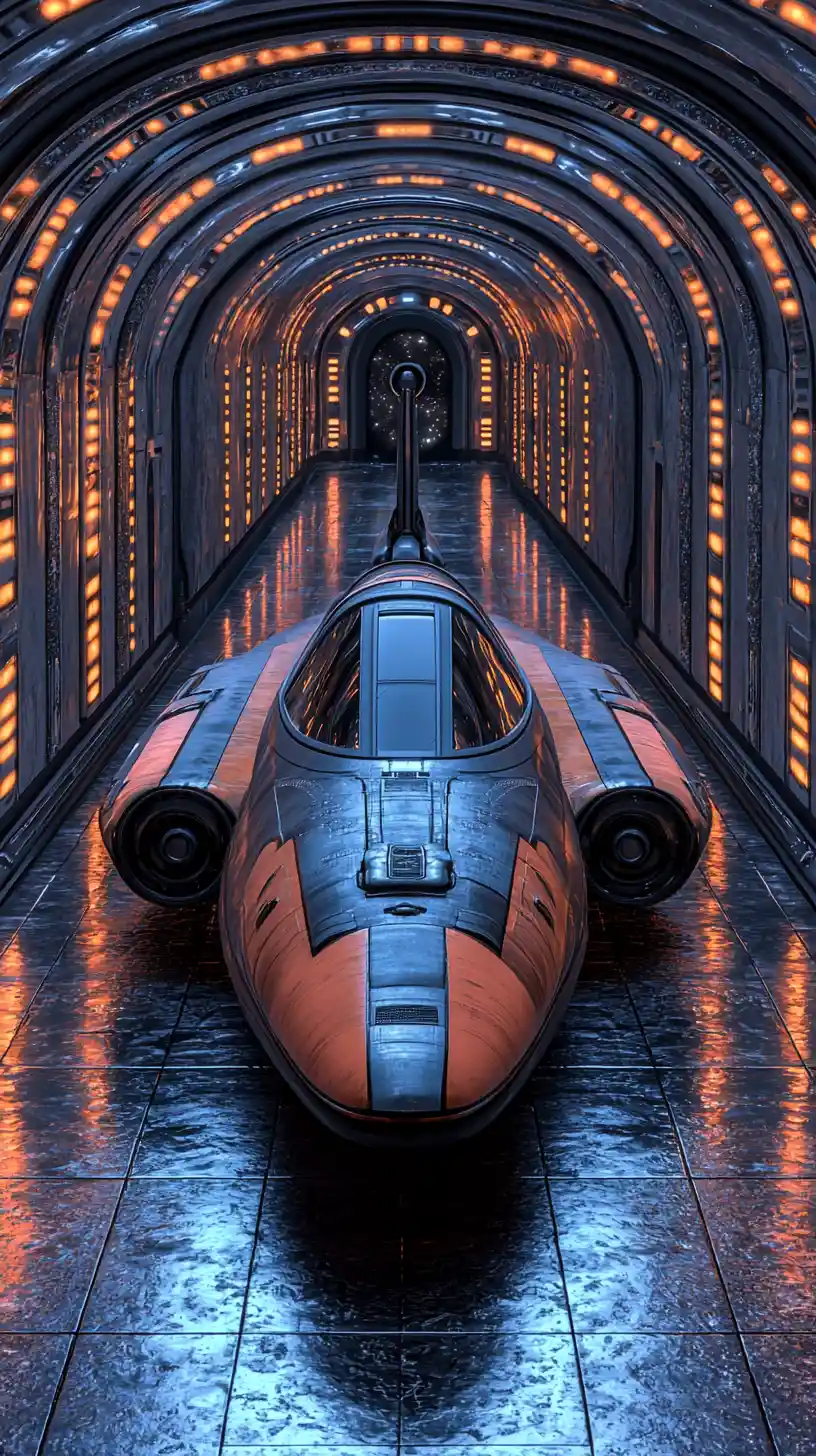 Surreal spaceship crossing dimensions in glowing cosmic space