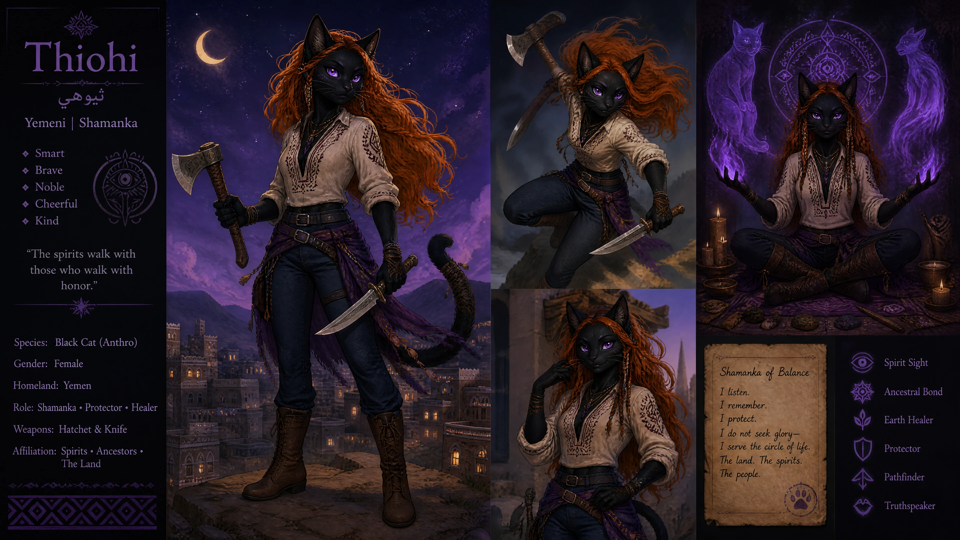 Brave female cat warrior with orange hair and weapons