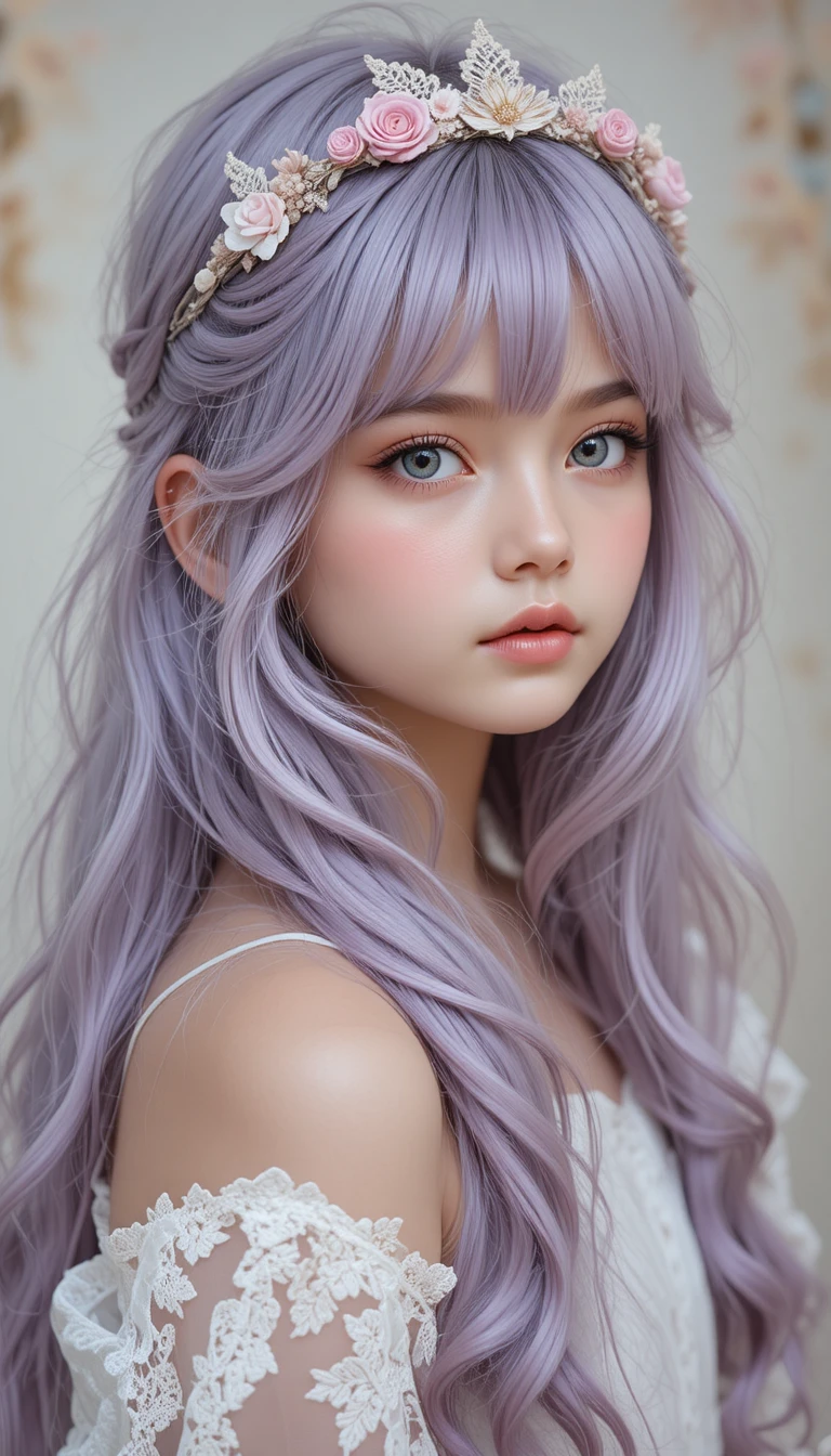 Retrato de cuerpo entero onírico de una chica con el pelo lila