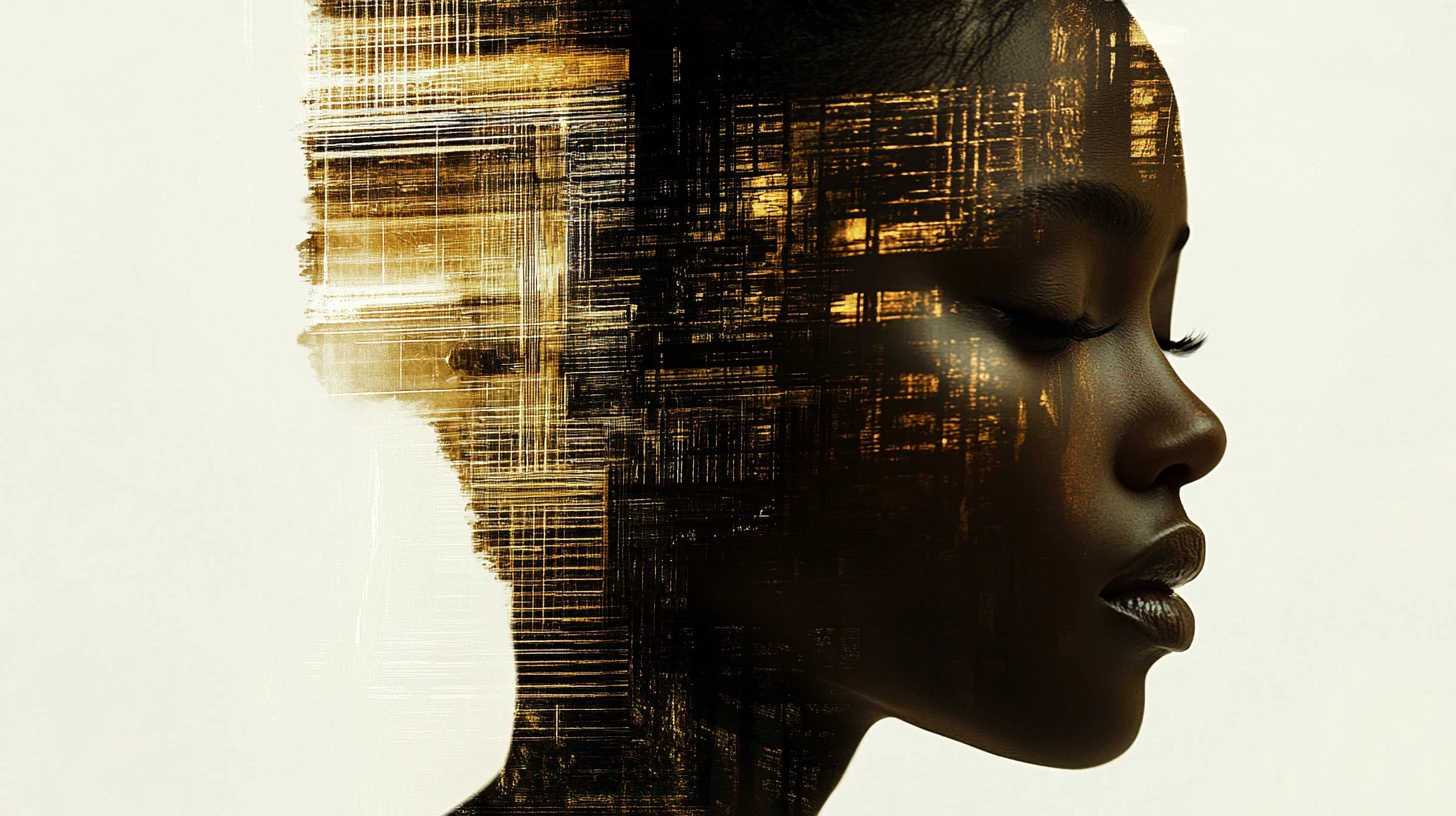 Surreal portrait merging human features with luminous city geometry