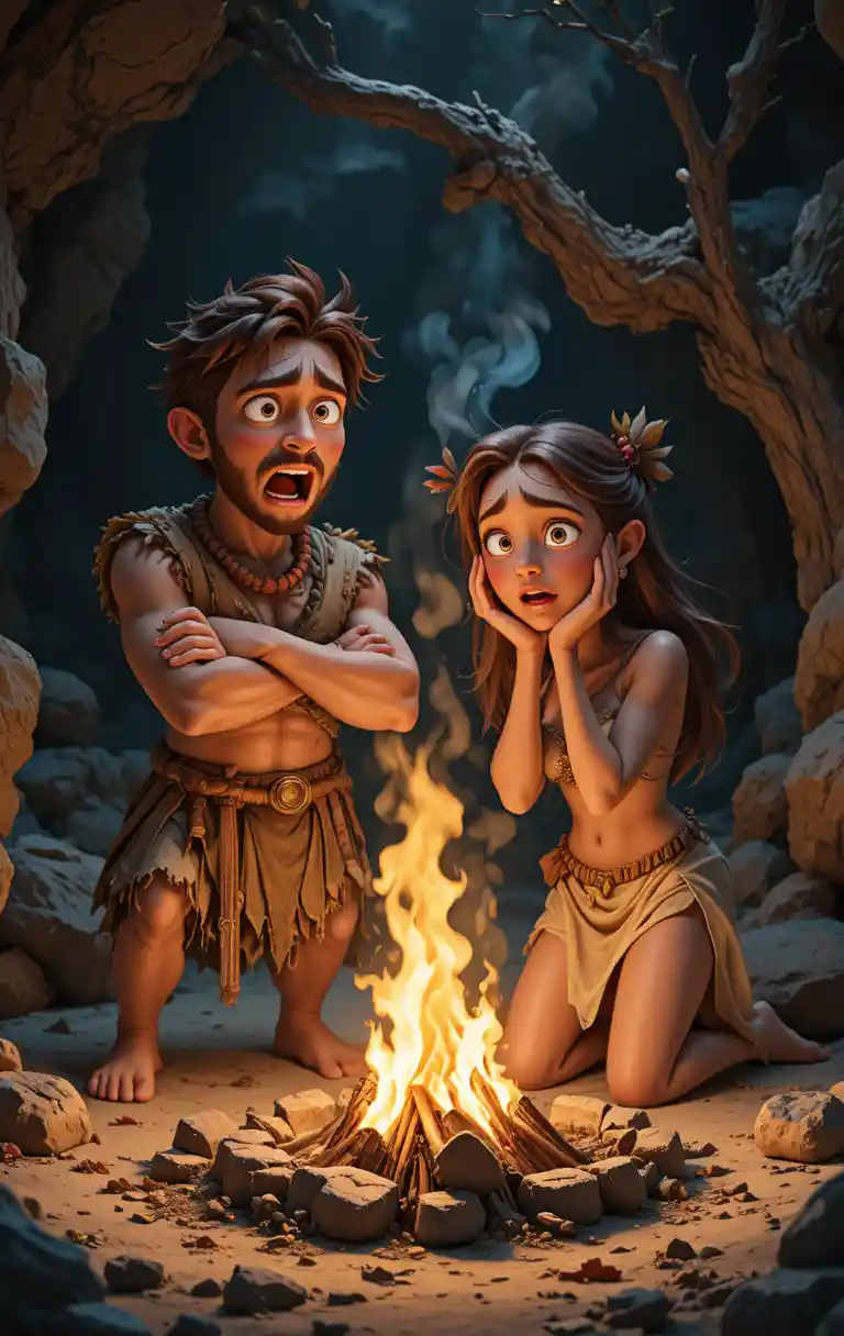 Frightened Prehistoric Couple Around A Smoking Campfire