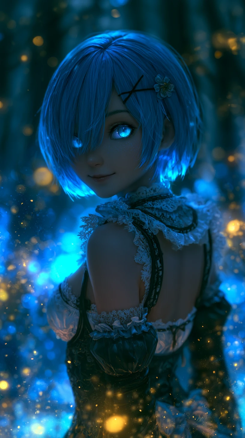 Blue haired anime maid in a glowing enchanted forest