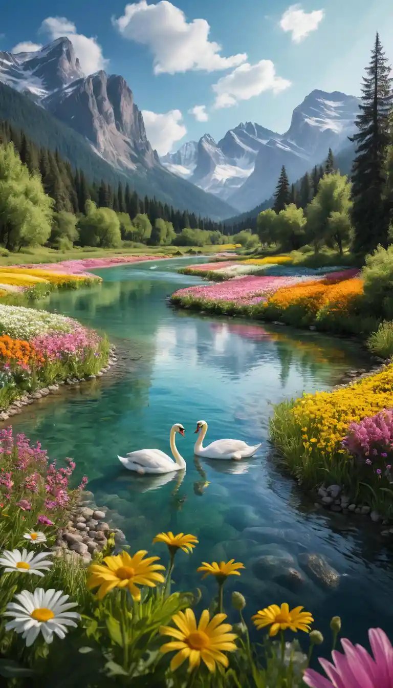 Swans On Emerald River In Colorful Mountain Valley