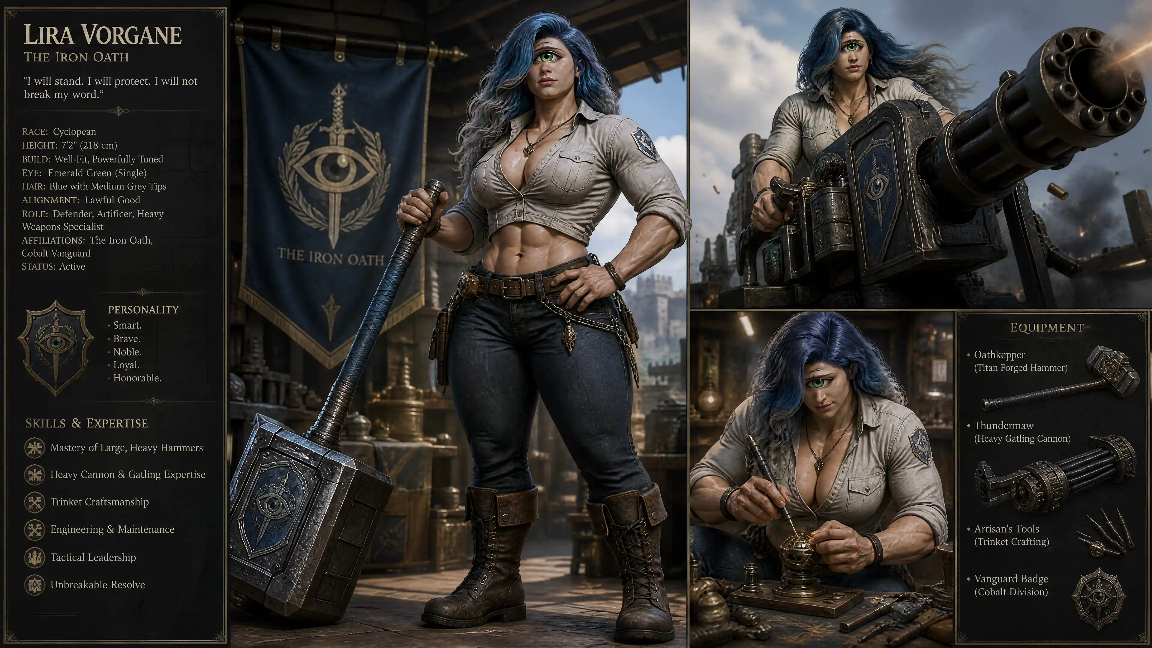 Tall one eyed fantasy woman with hammer and cannon