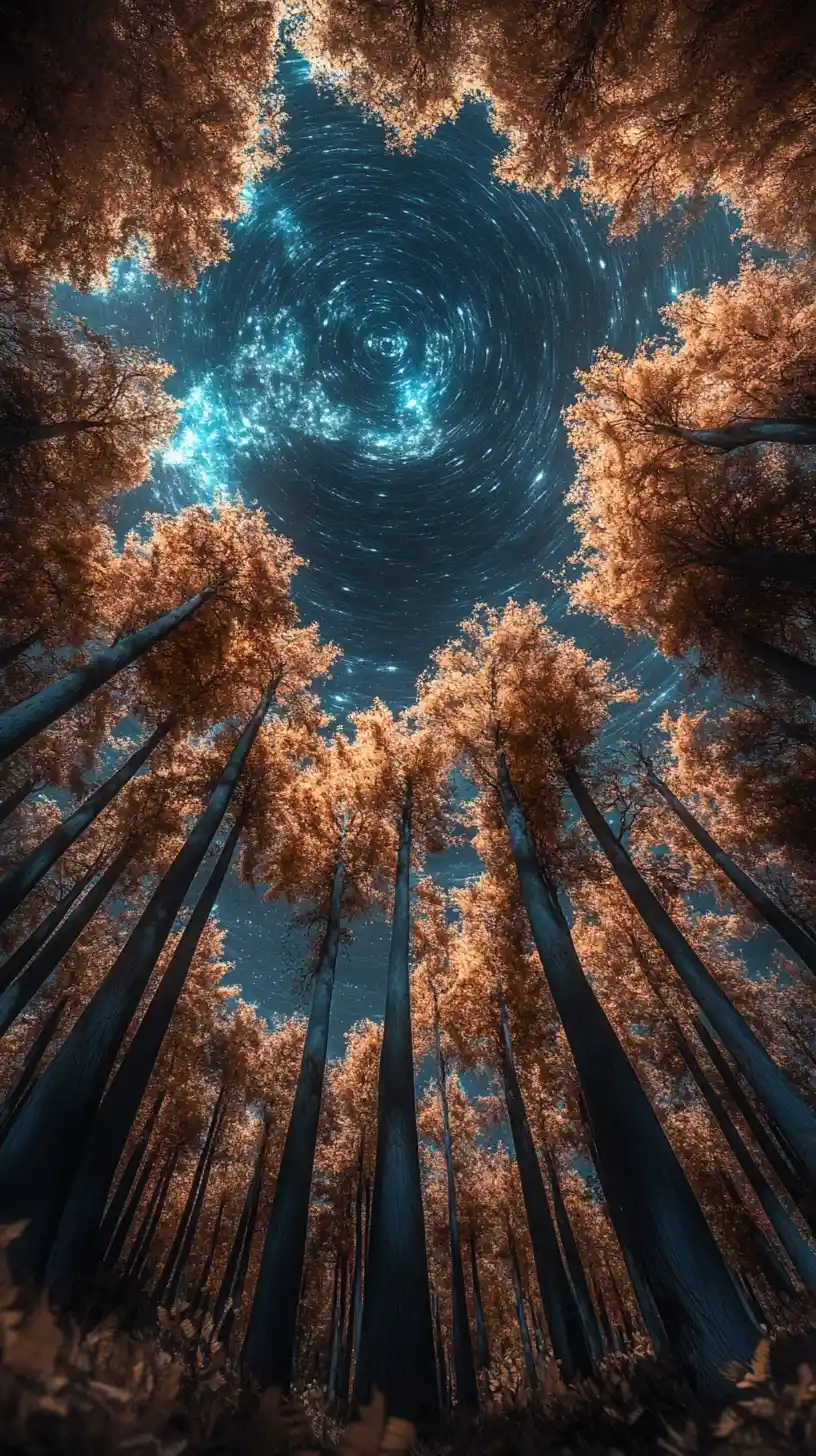 Alien forest of metallic trees under a cosmic sky