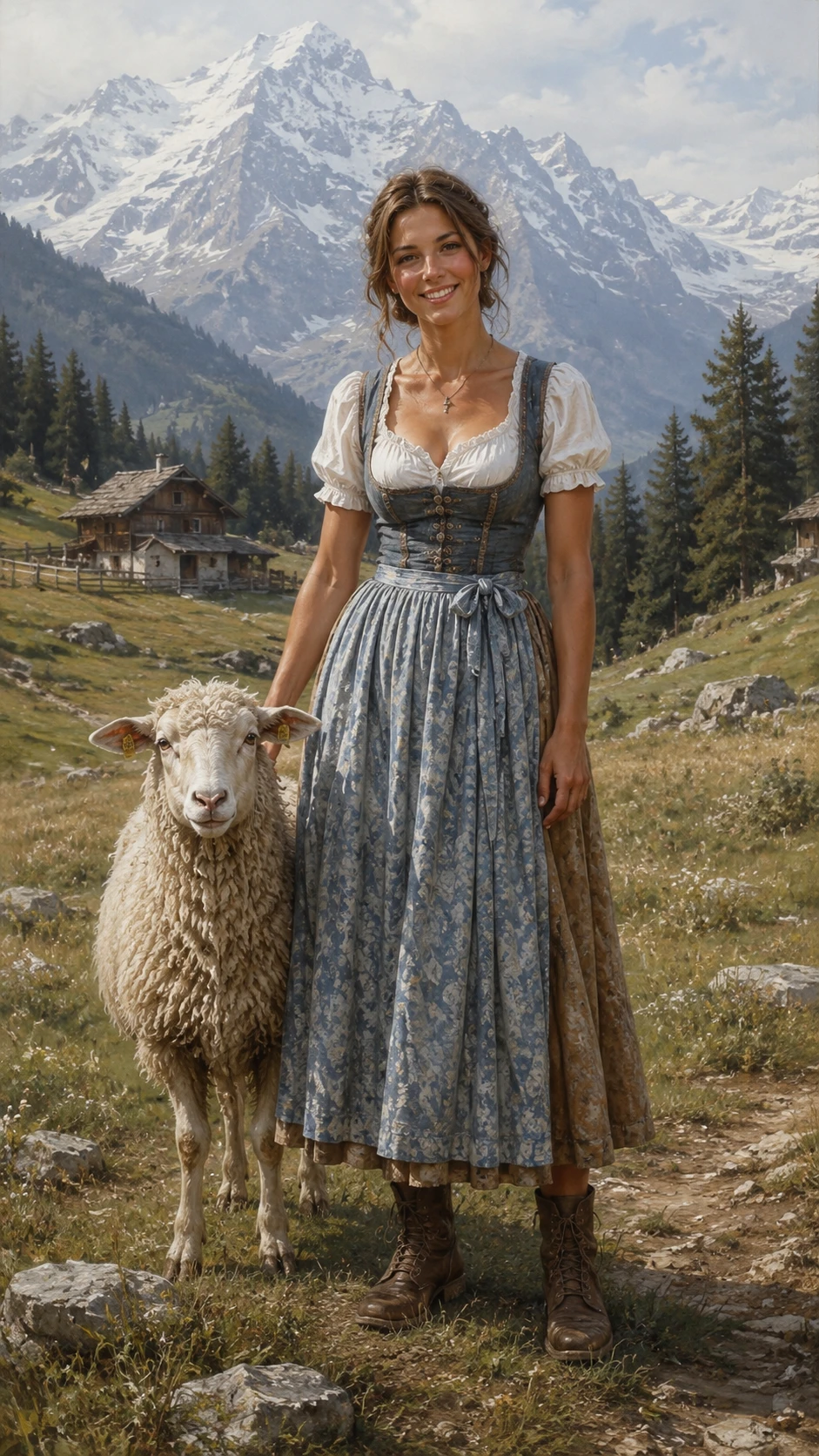 Woman in dirndl standing with sheep in alpine meadow