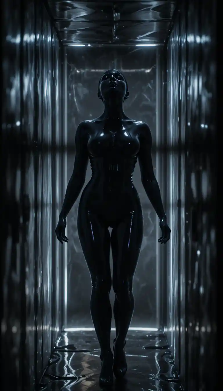 Cinematic silhouette of a woman sealed in glossy black latex