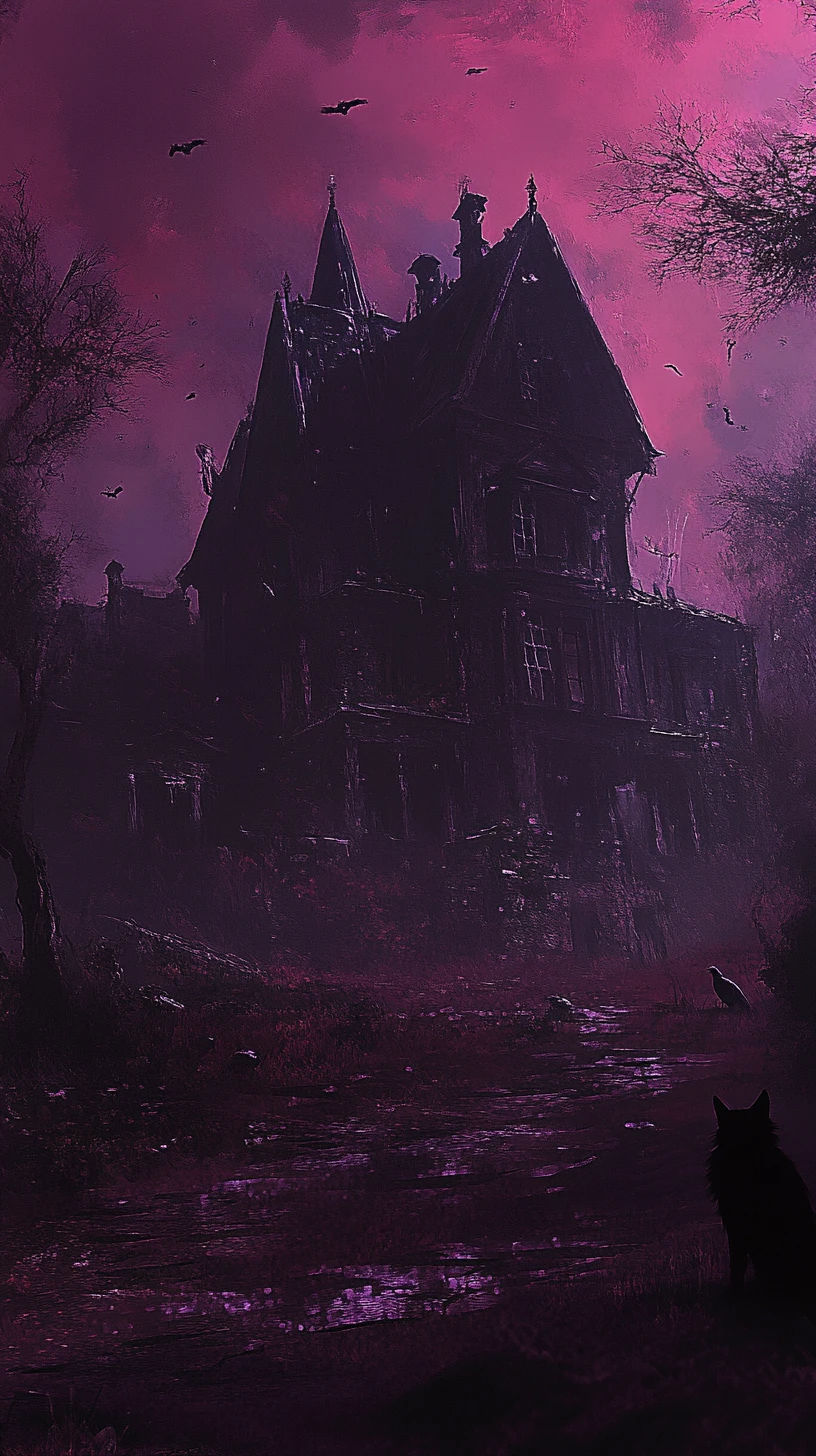 Dark dreamland with ghosts and a distant haunted house