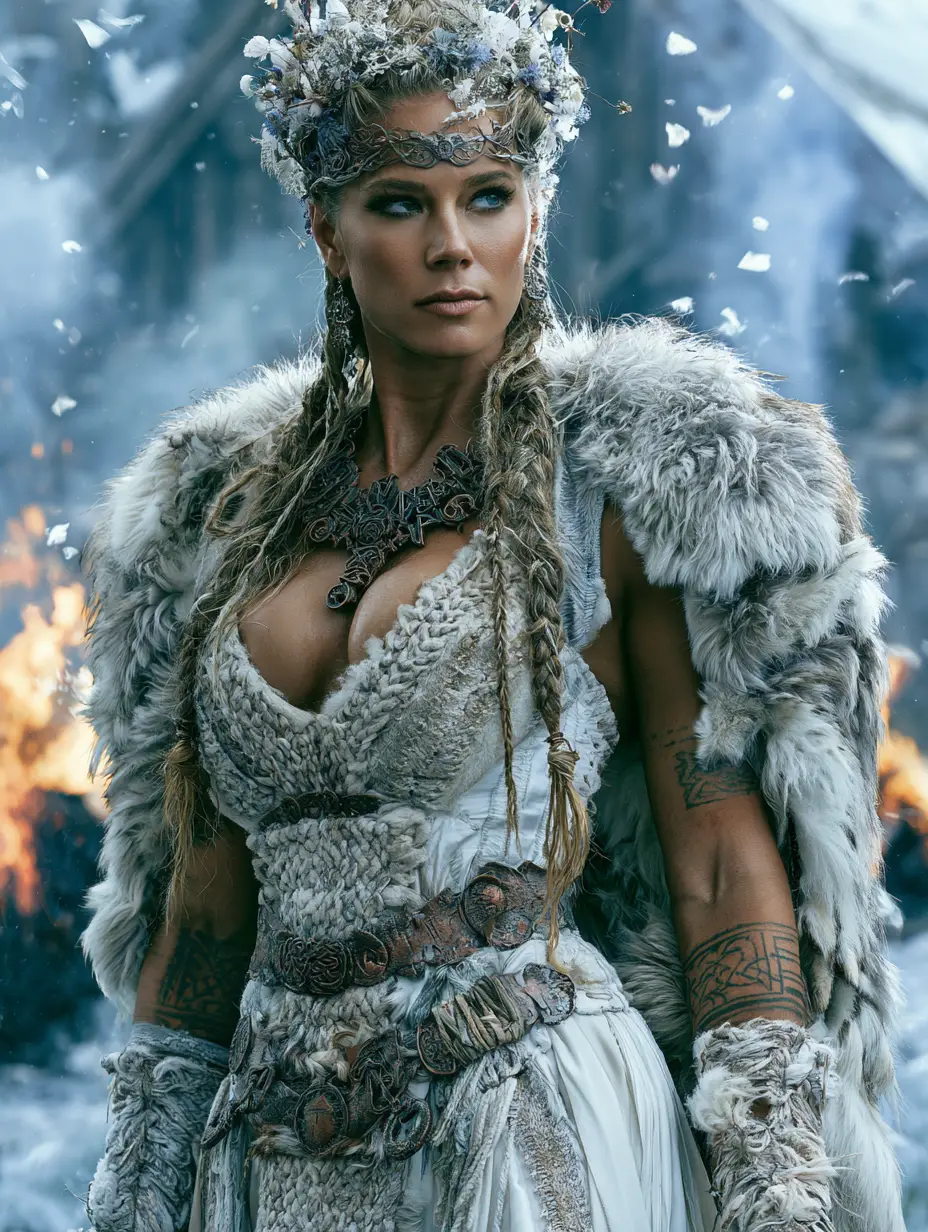 Viking bride goddess in white gown by a Nordic fjord