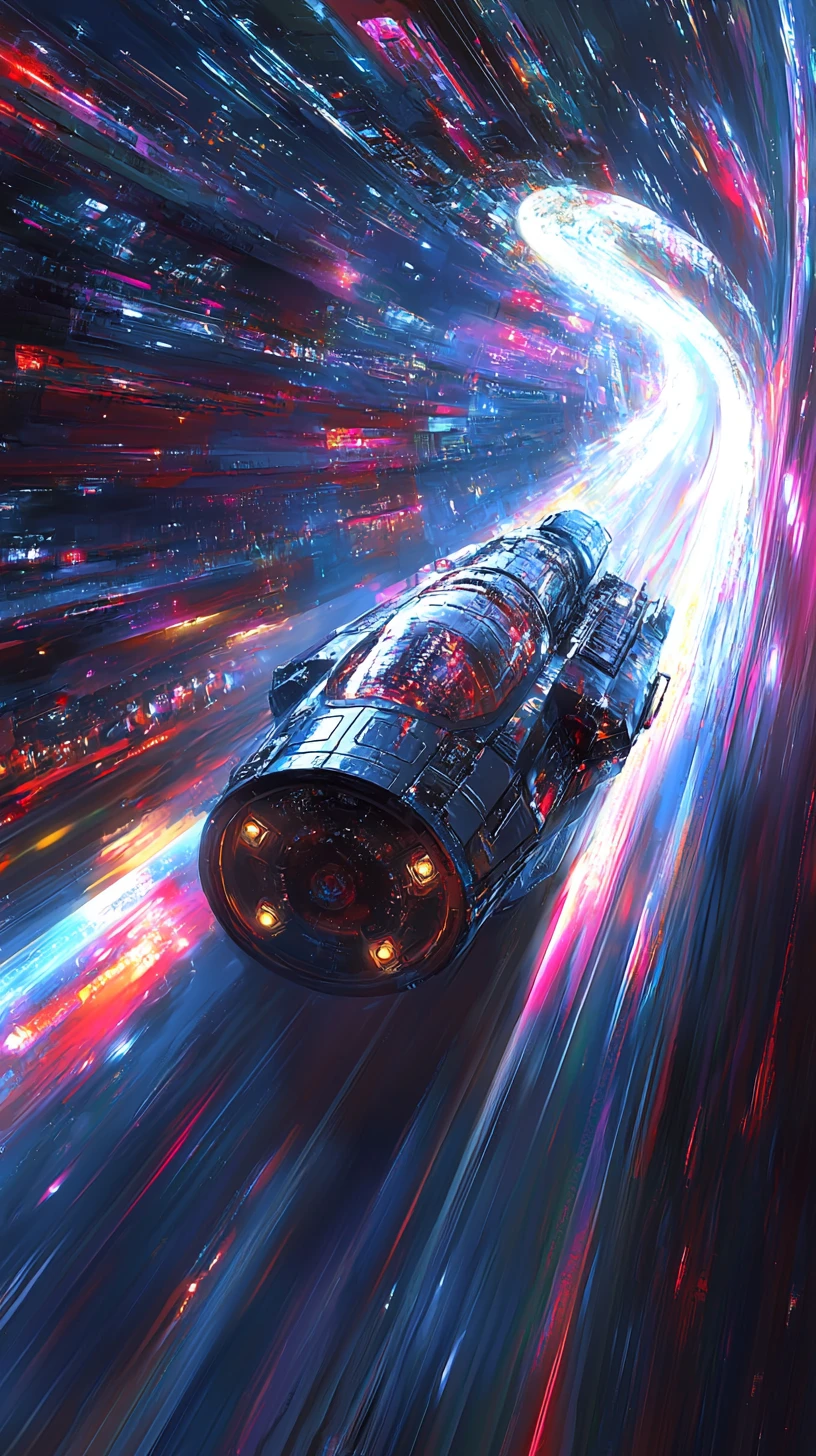 Surreal spaceship crossing dimensions in a warped cosmic landscape