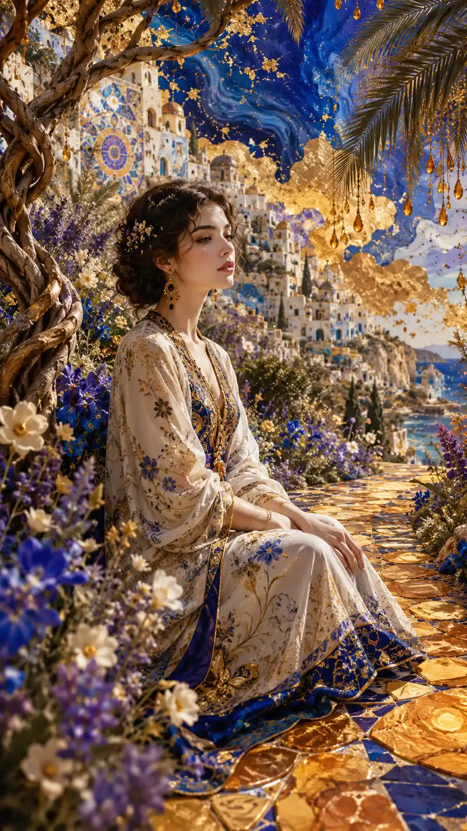 Gelassene Frau in surrealer mediterraner Frühlingslandschaft