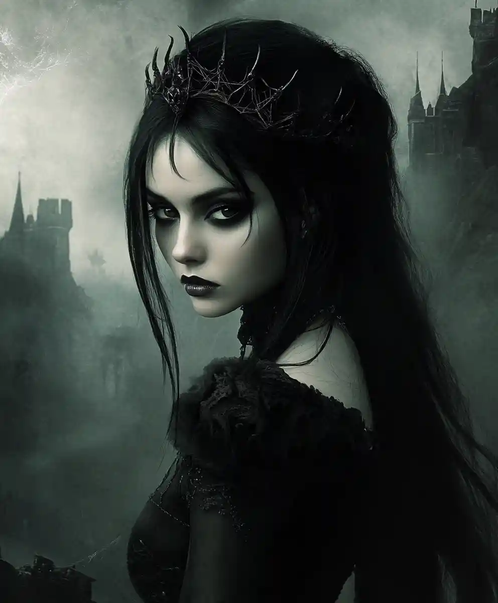 Dark spider queen in a gothic castle fantasy scene