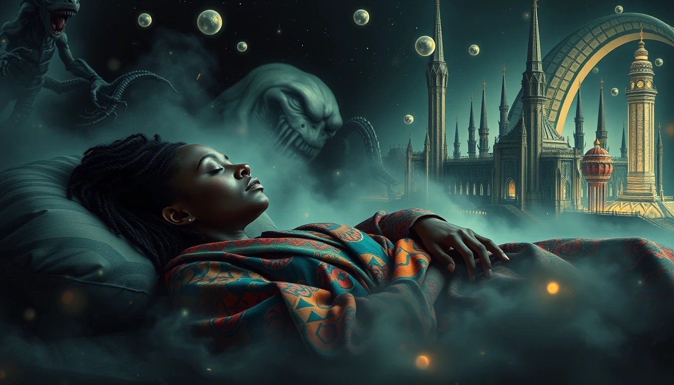 Sleeping woman in surreal glowing dreamlike cityscape