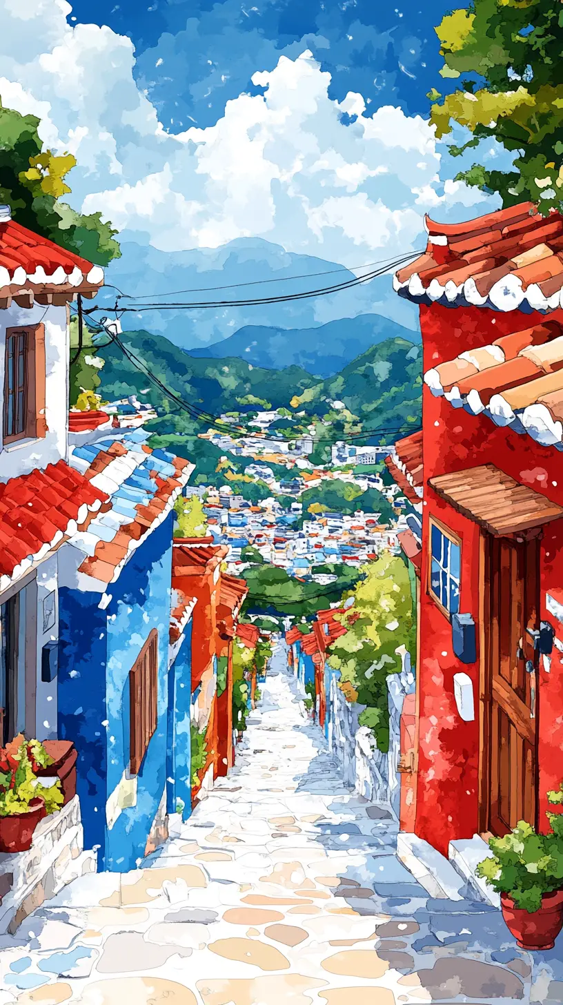 Beco em aquarela em vila coreana tradicional ao sol