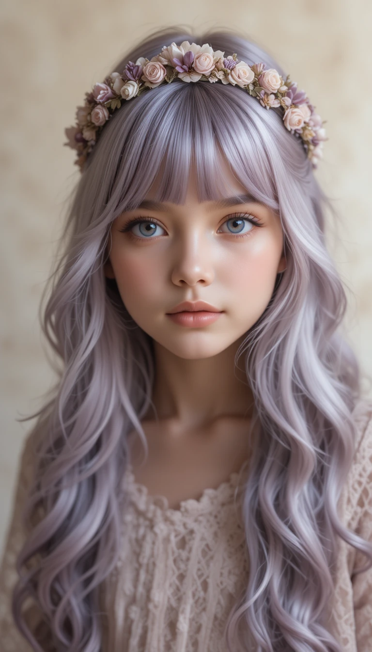 薰衣草色長髮女孩的夢幻全身肖像