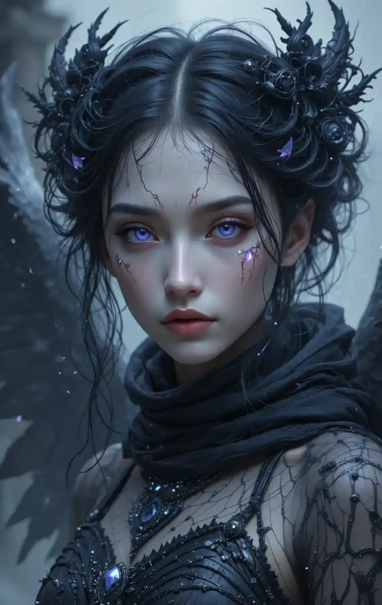 Dark angelic woman with torn wings and glowing violet cracks