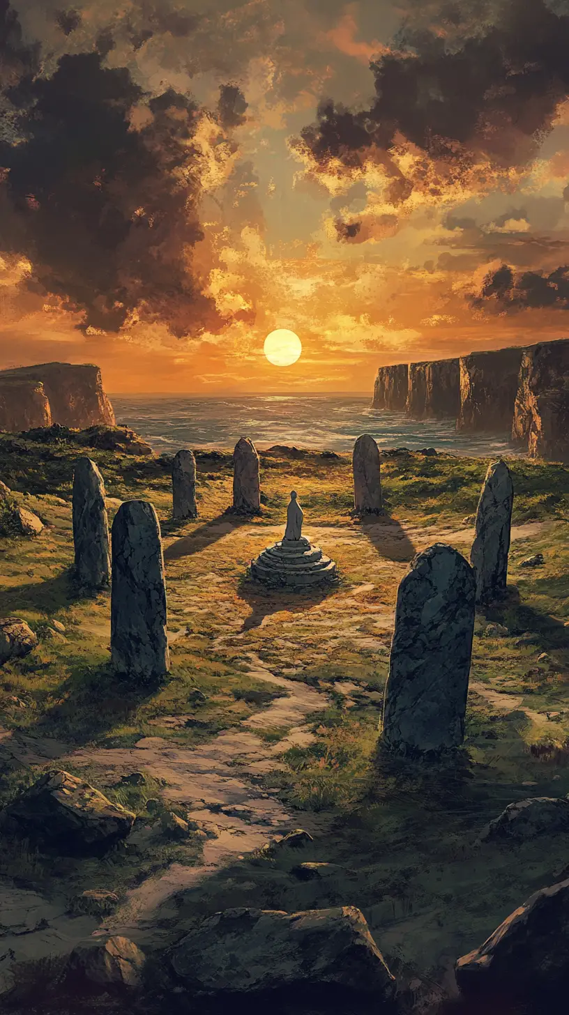 Stone circle chapel on a windswept coastal plain at sunset