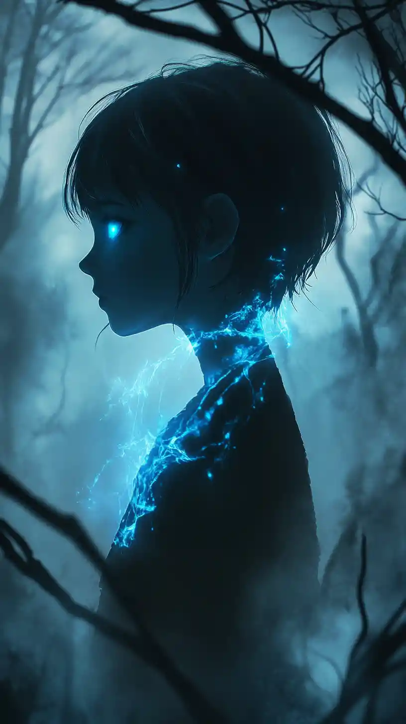 Anime girl with blue glow in a misty dark forest