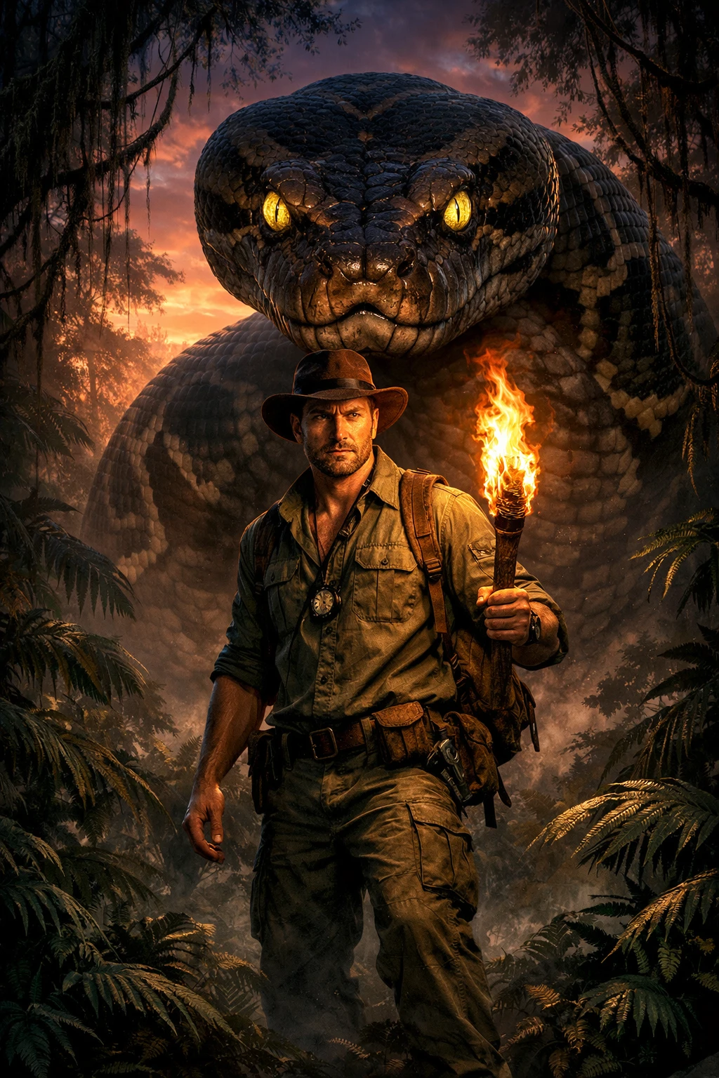 Explorer with torch facing giant python in misty jungle