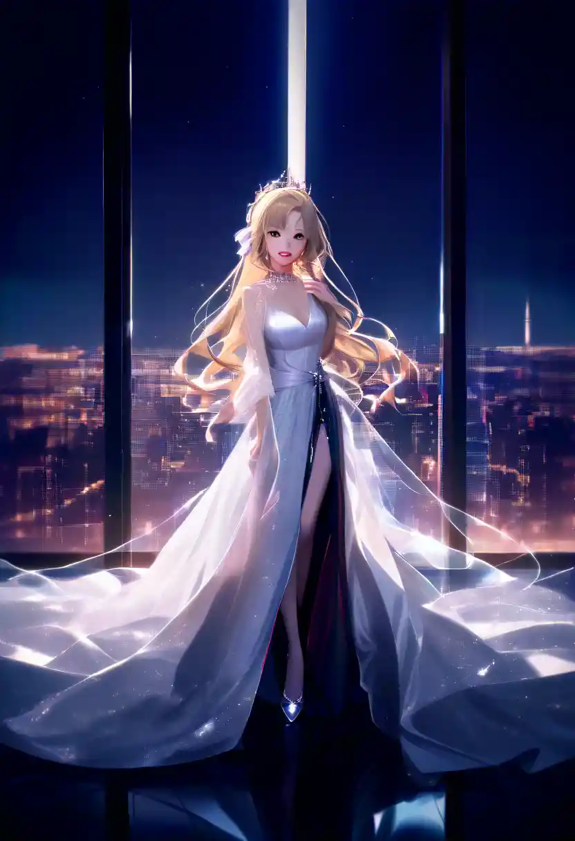 Elegant blonde woman in sheer evening gown with city lights