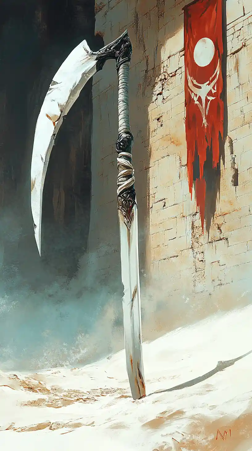 Battle scythe standing in sandy ancient rune covered ruins