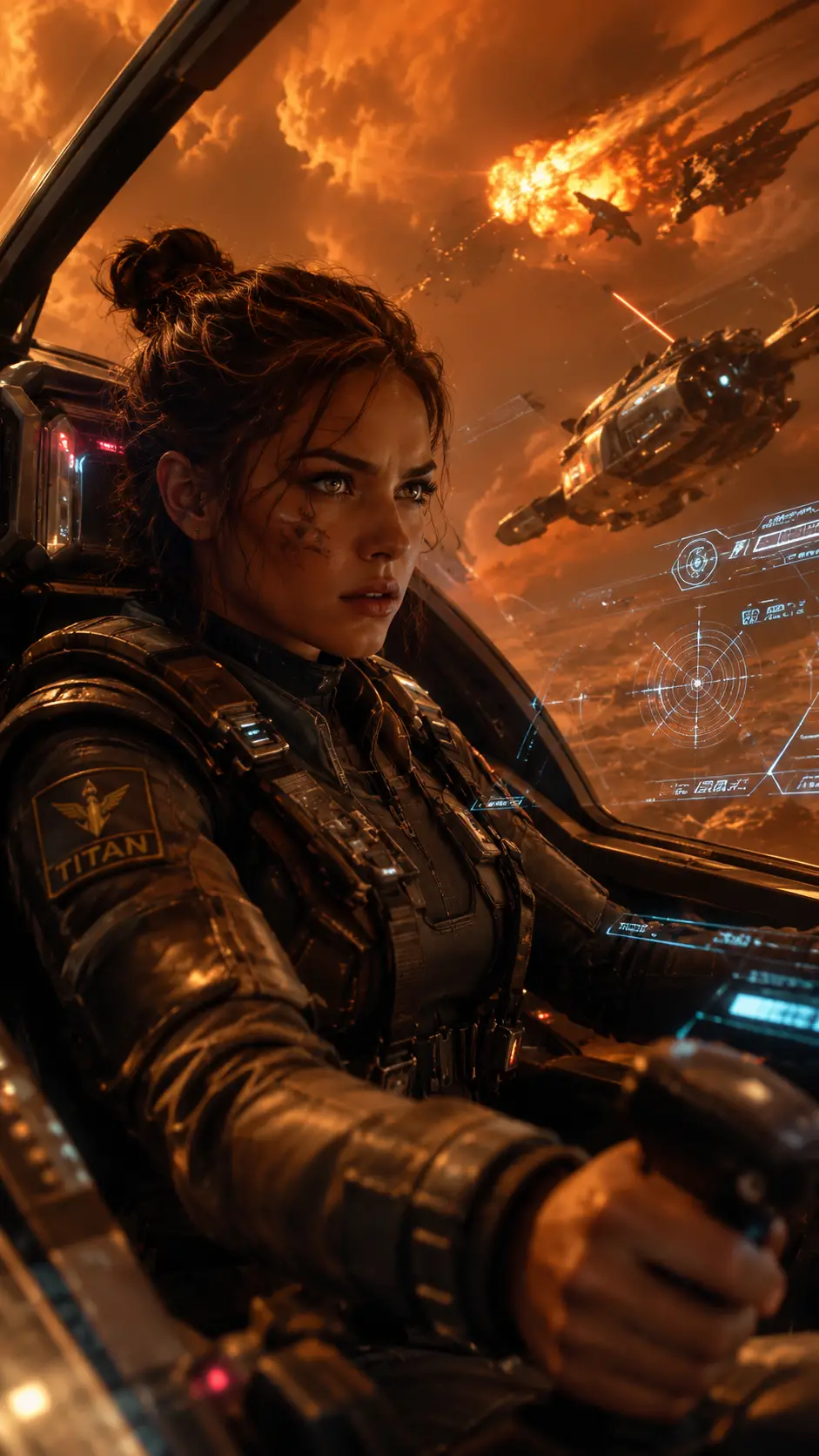 Female pilot in a starfighter over Titans orange skies