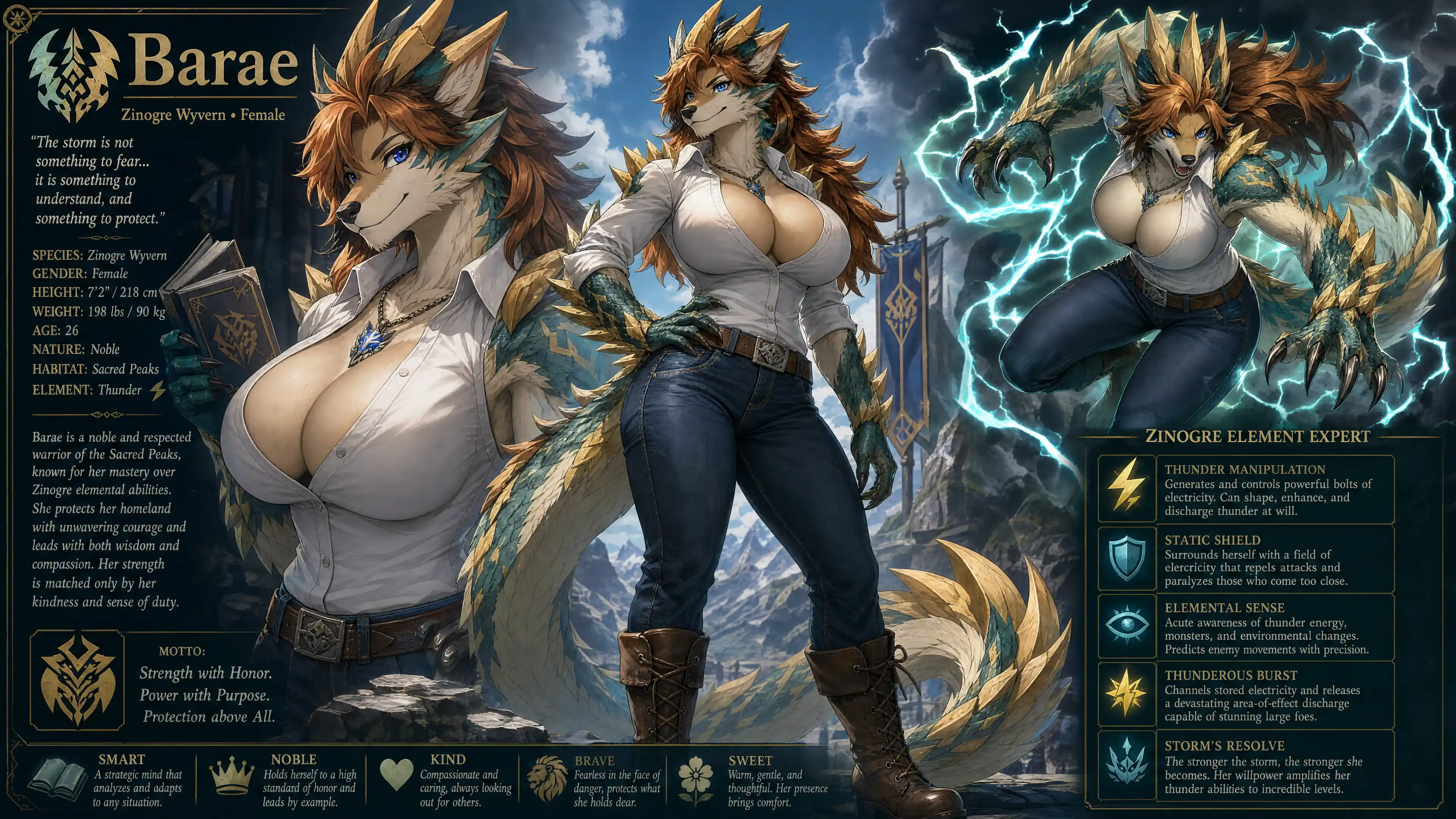 Brave female wyvern warrior with sapphire eyes in casual clothes