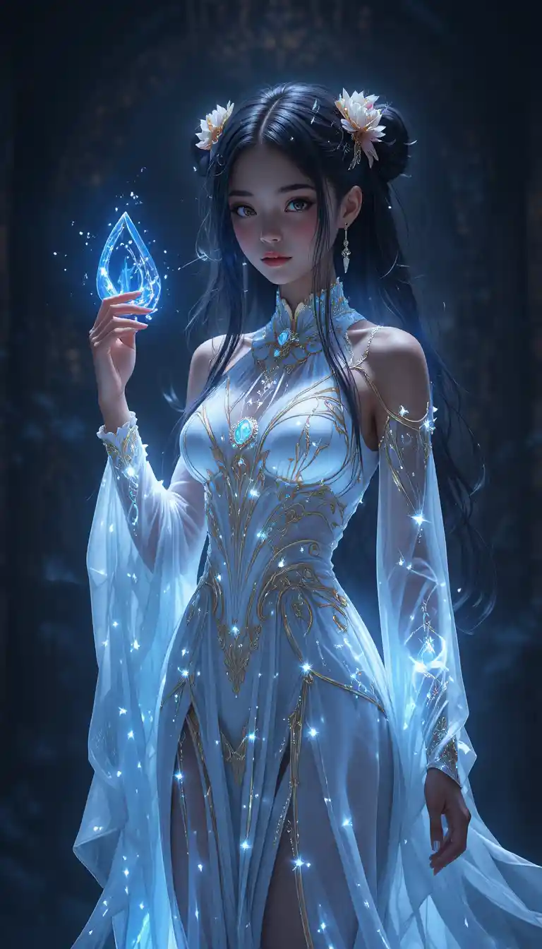 Dark skinned winged anime girl with graceful healer staff