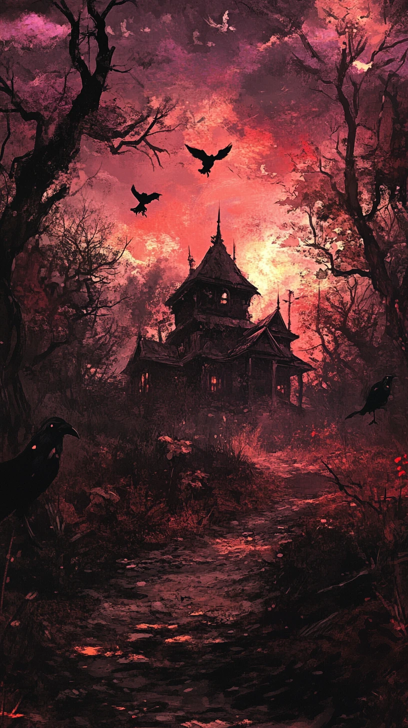 Dark anime dreamland with distant ghosts and old house