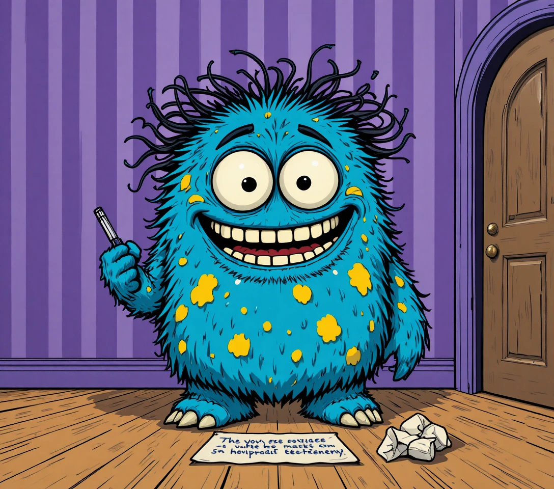 Fluffy blue monster writing on the floor in a purple room
