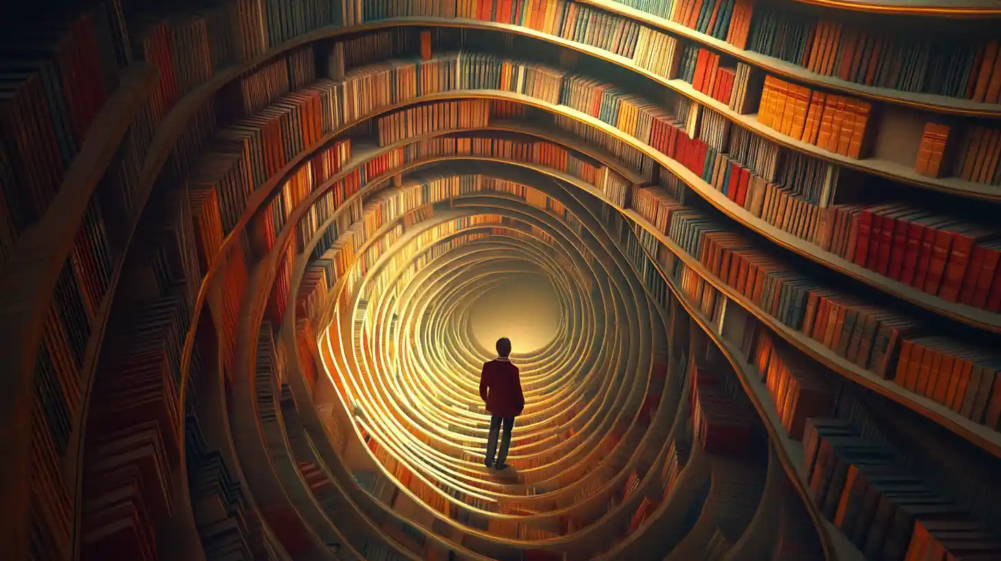 Surreal pathway of books winding through a dark void