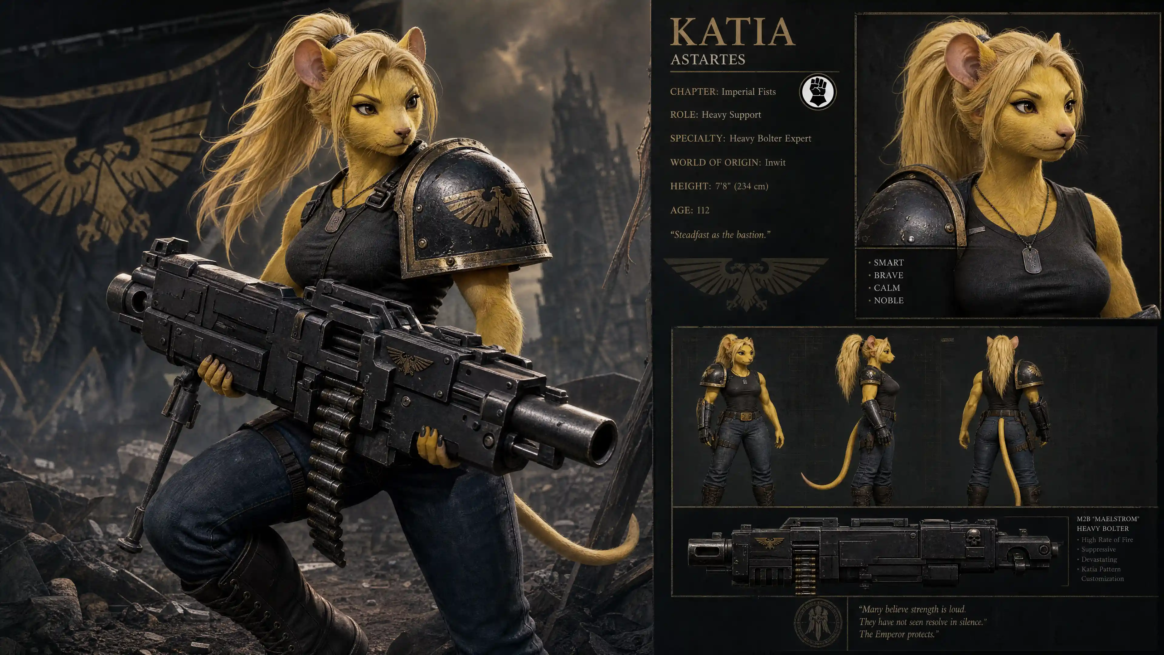 Anthro rat warrior woman with heavy bolter rifle and armor