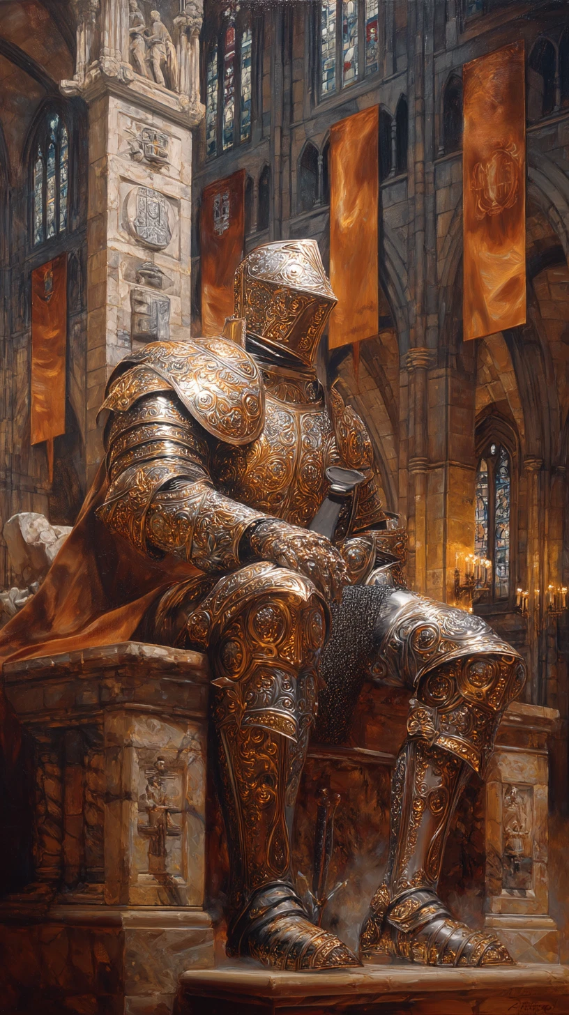 Golden armored knight seated on a stone throne