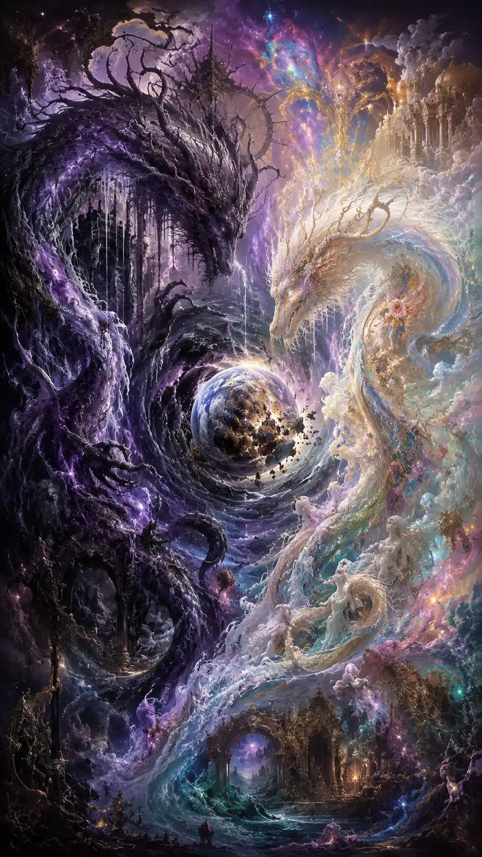 Twin dragon spirits pull a distant planet into a swirling vortex