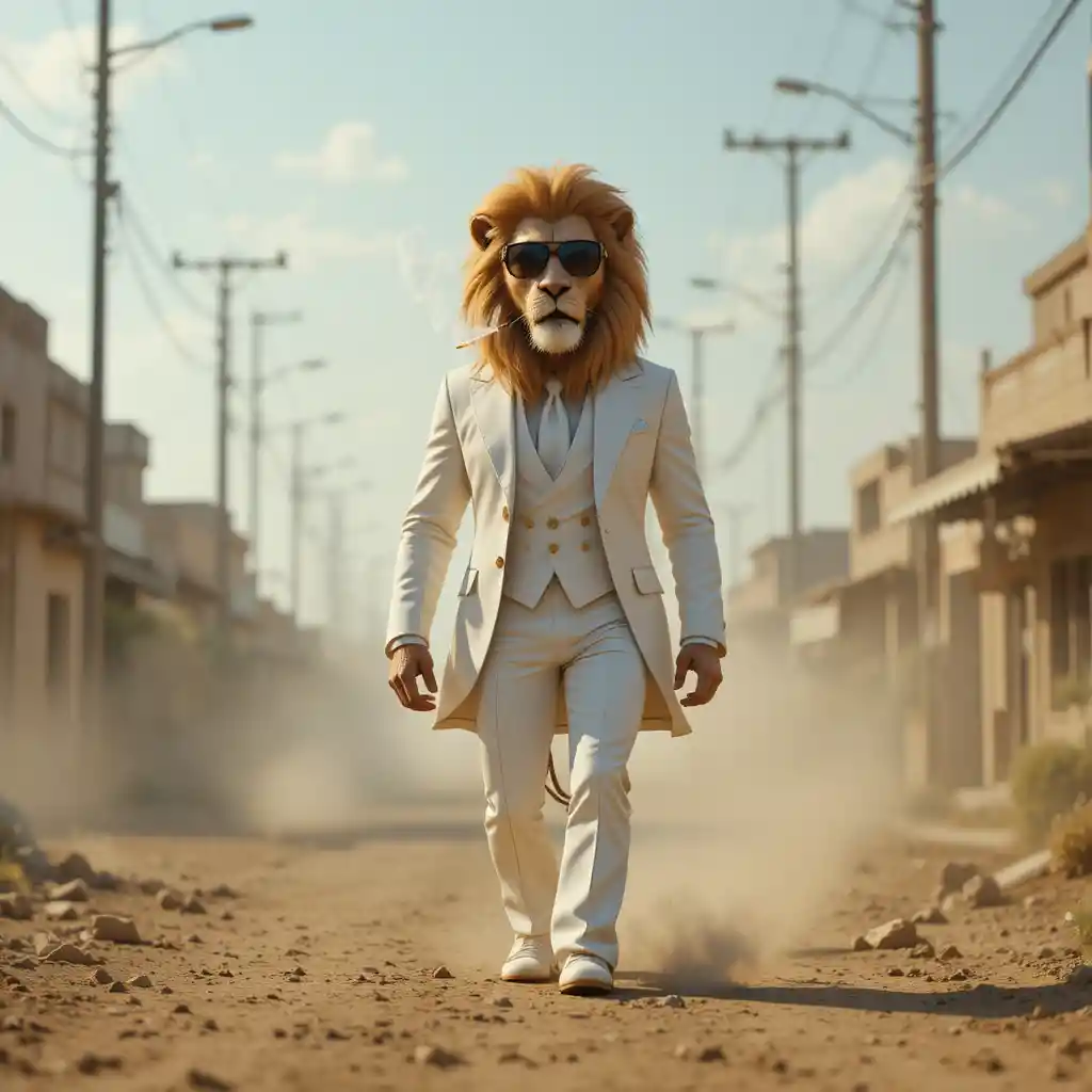 Anthropomorphic lion in white tuxedo strolling a dusty street
