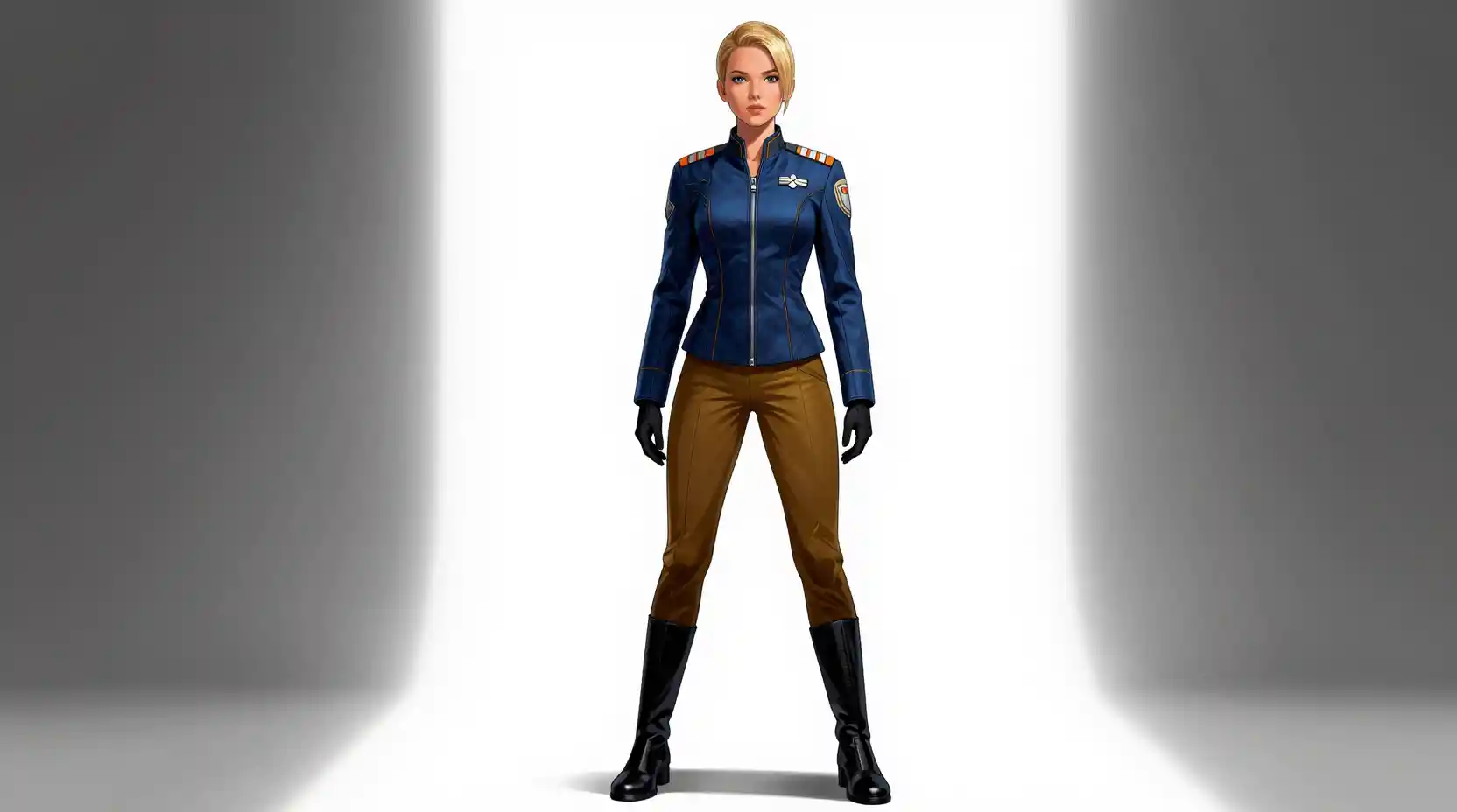Confident female starship officer in futuristic navy uniform