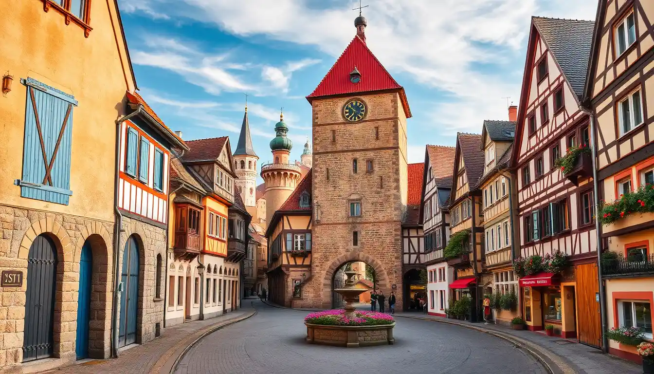 Sunlit cobblestone street in a historic German timber town