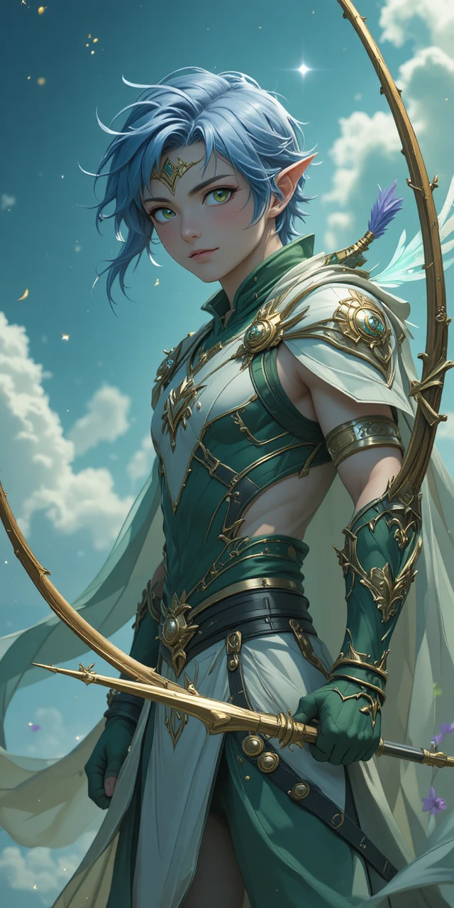 Elf archer with lilac hair in a windy fantasy world