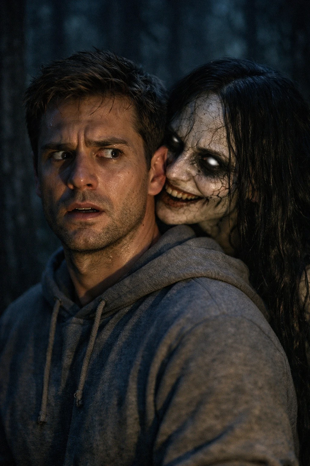 Terrified man with ghostly woman in dark forest