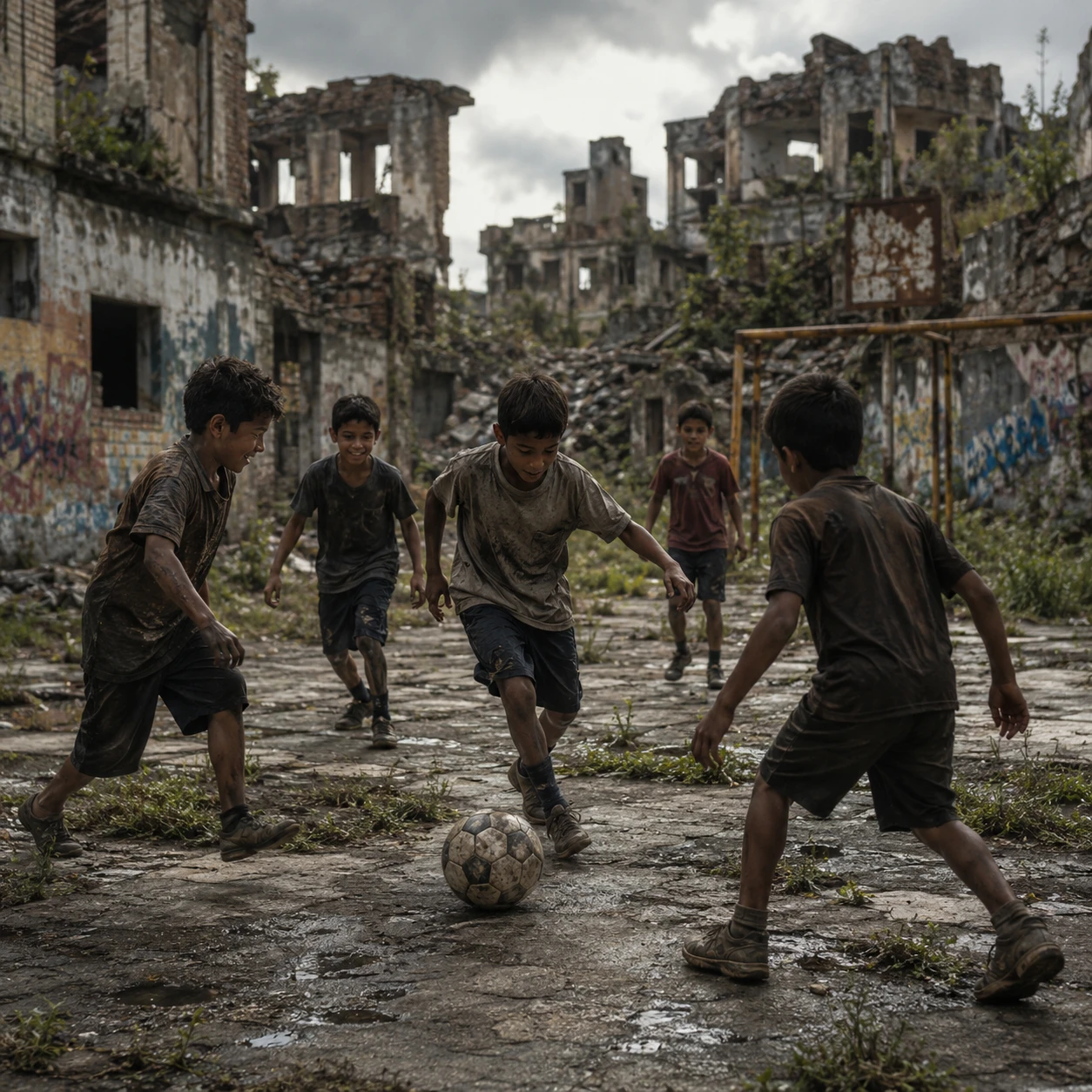 Boys Playing Soccer In An Abandoned City Schoolyard