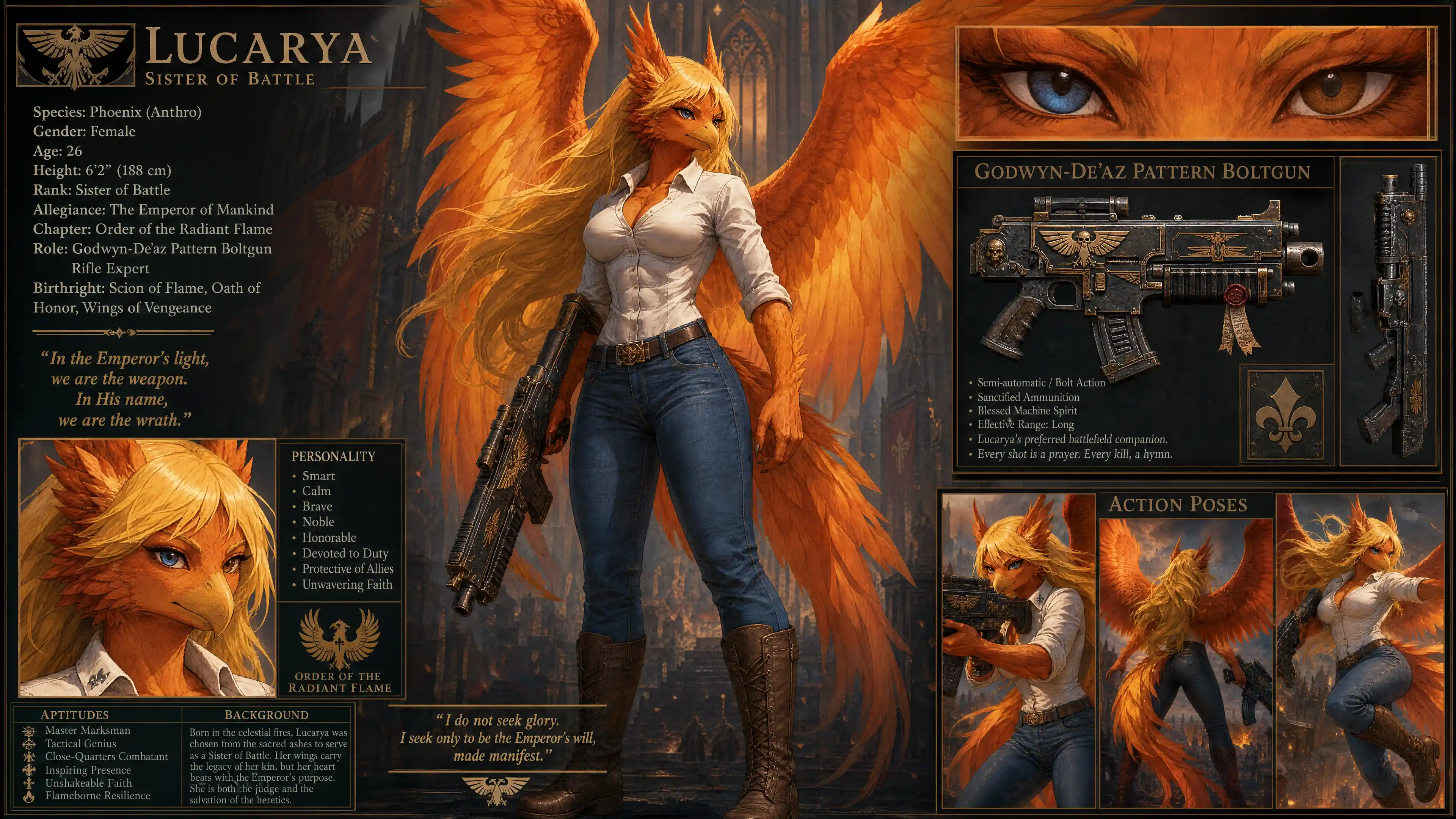 Winged phoenix woman warrior with rifle in casual clothes