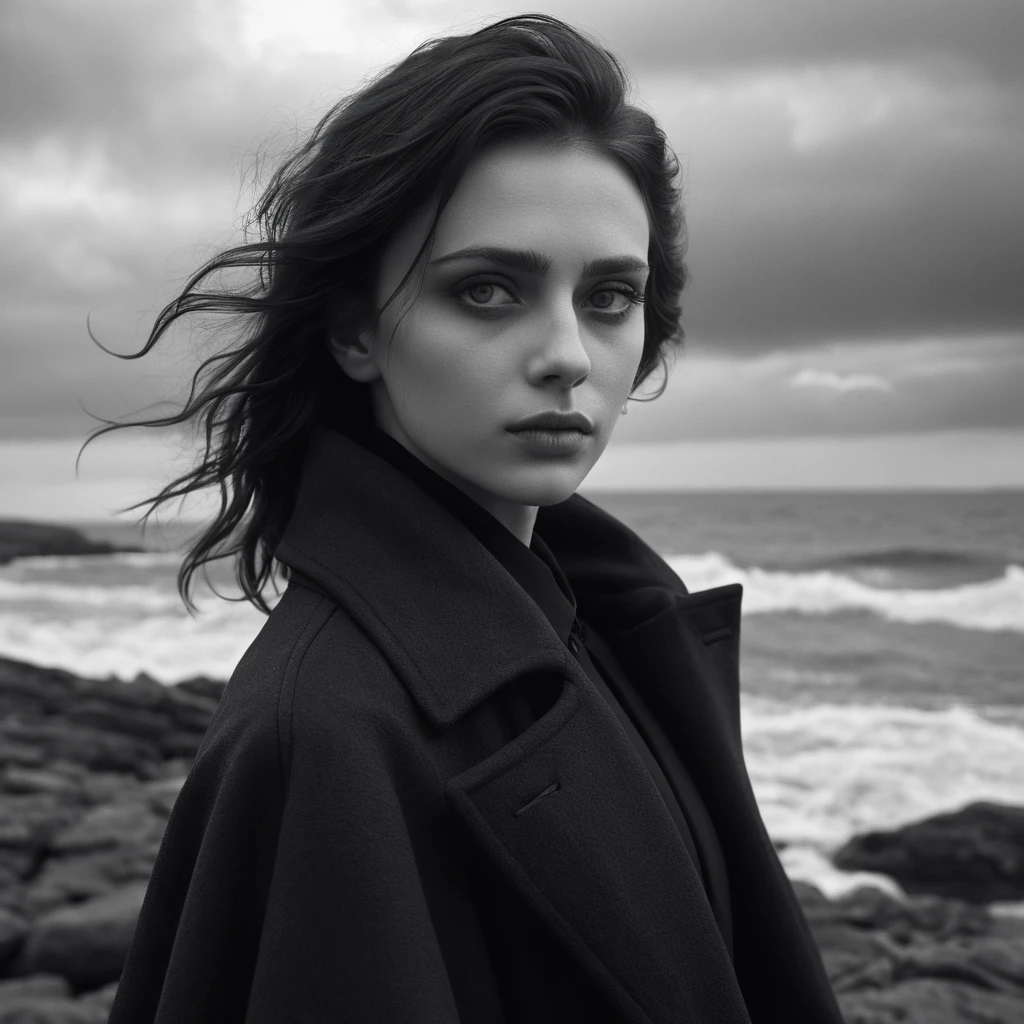 Woman in black coat on rocky shore in moody monochrome