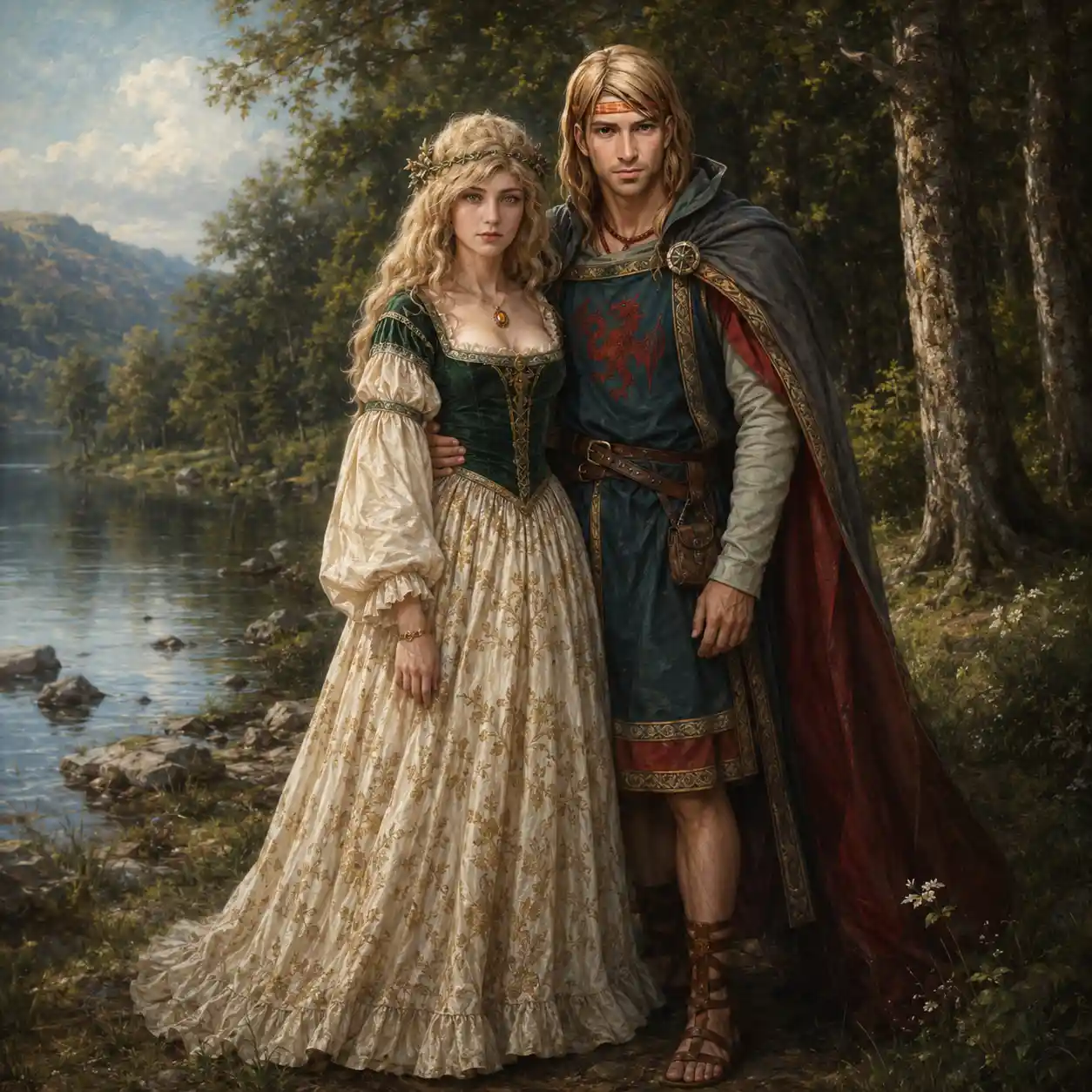 Young couple standing by a tranquil forest lake