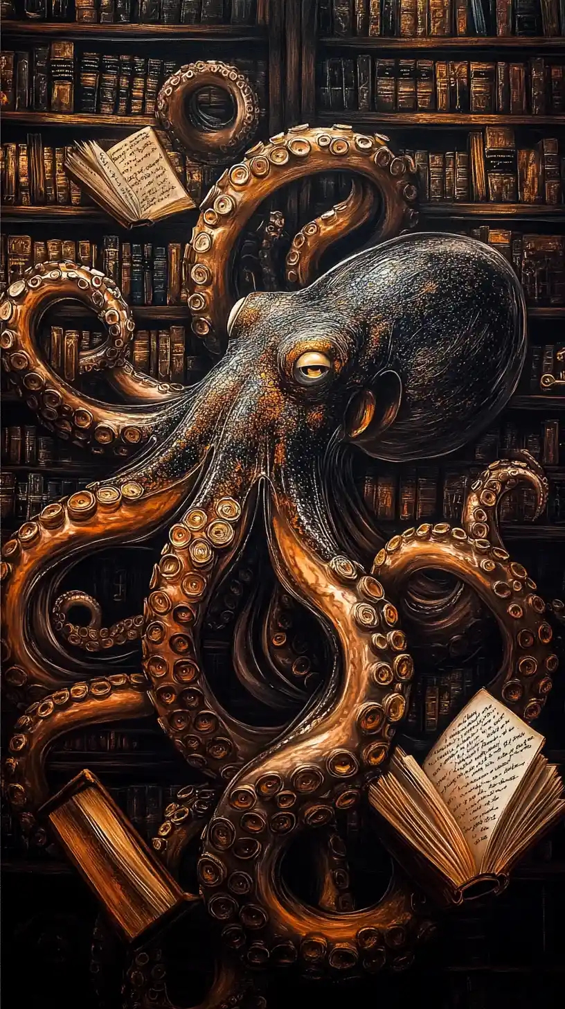 Giant Octopus Of Books In Dark Surreal Space