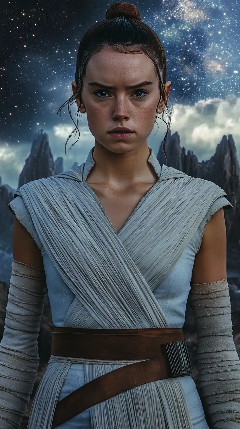 Young woman warrior before mountains under a starry sky