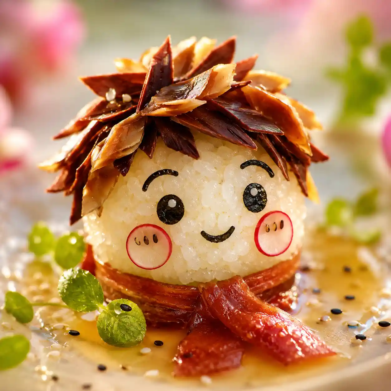 Playful boy rice ball character made from creative food art