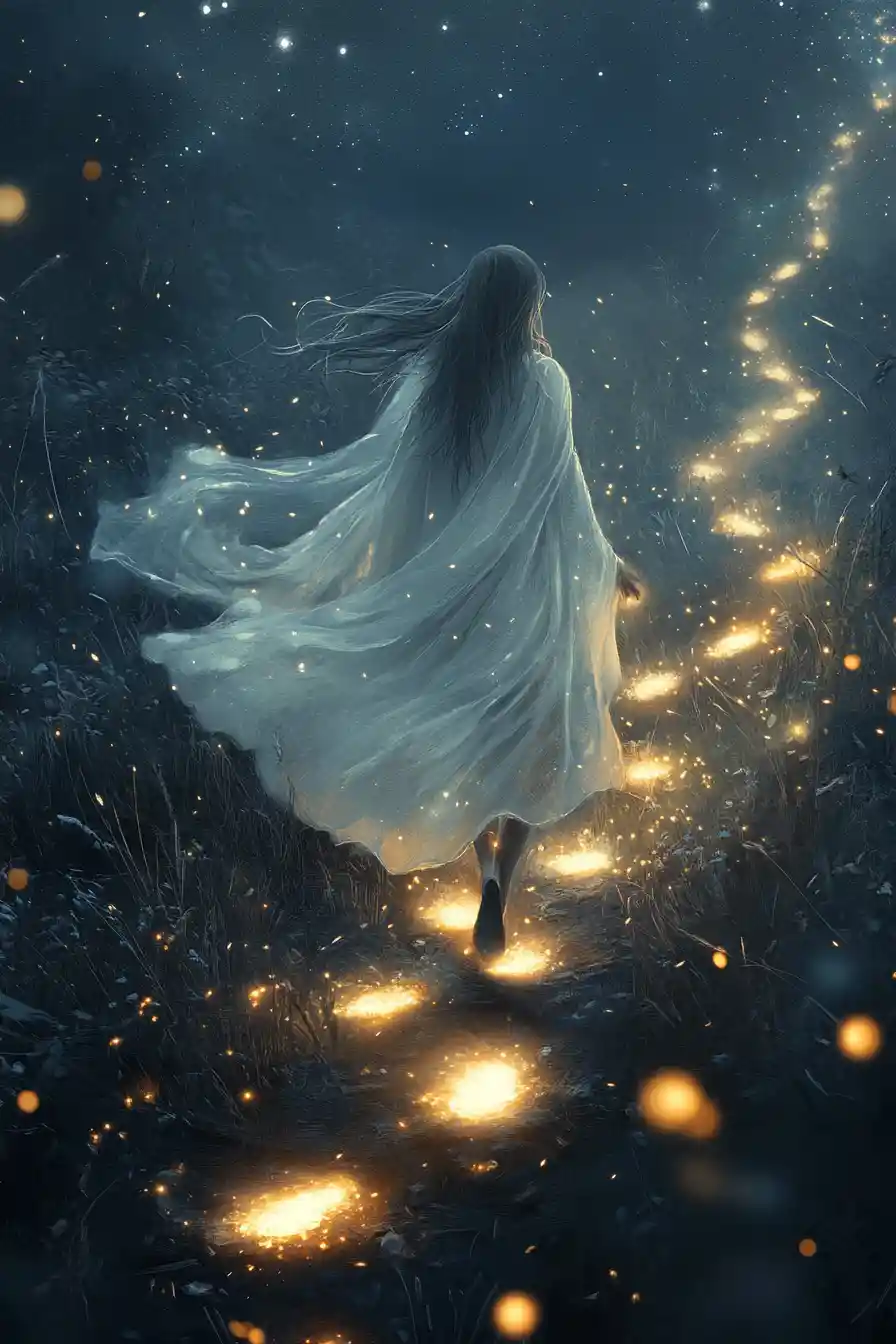 Star cloaked wanderer walking through ethereal dreamlike lands