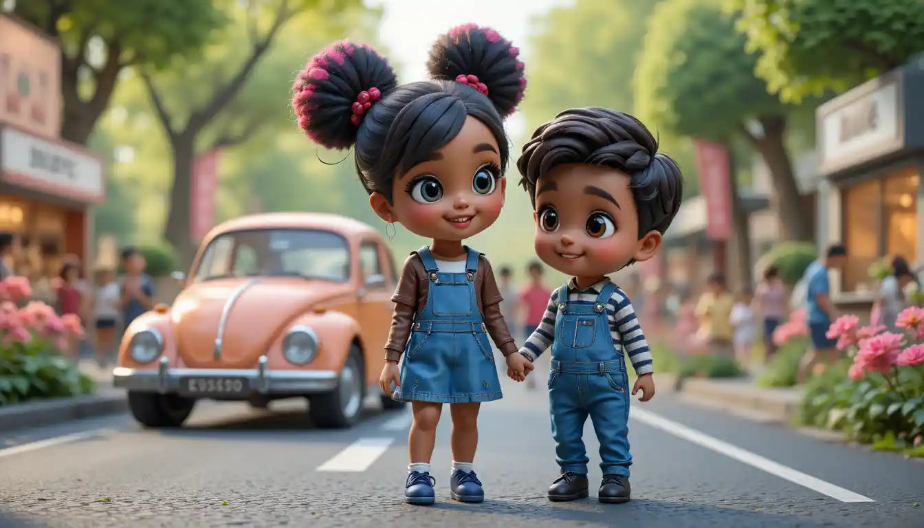 Chibi girl in overalls beside a retro beetle car