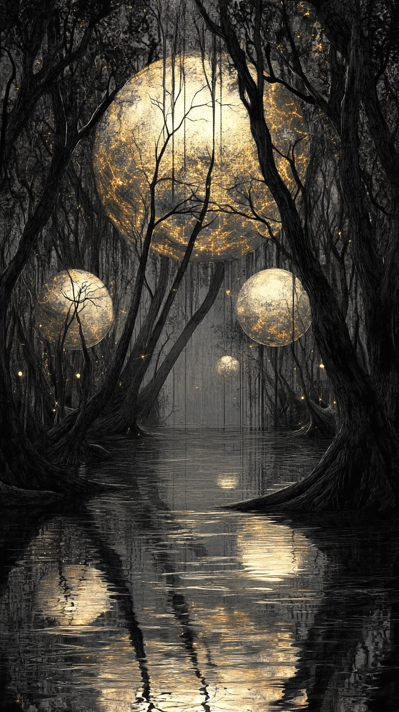 Ancient trees rising from mirrored water into celestial networks